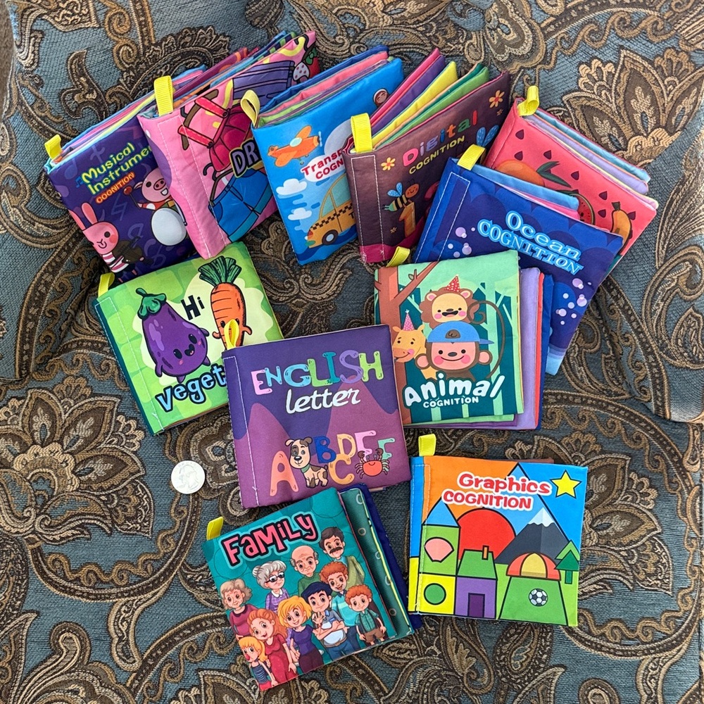 Colorful Educational Kids Soft Books Set of 11 Books with loops for securing